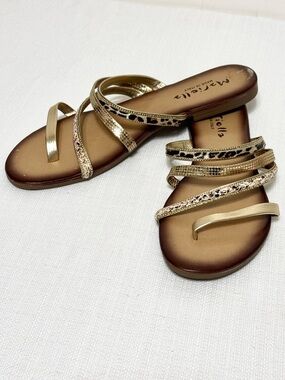 Mariella Sandals Womens 9.5M Strappy Embellished Tan Gold Leopard Made In Italy